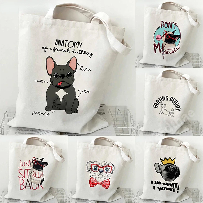 French Bulldog Shopping Shoulder Bag Fashion Cute Dog Canvas Bags Student Ladies Girls Friend Gift Simple Storage Cartoon Bag