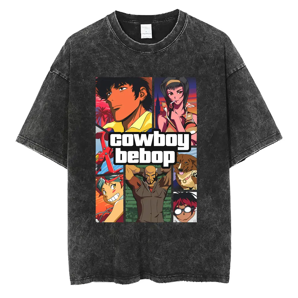 Washed Vintage Anime Cowboy Bebop Jet Black Faye Valentine Ein Spike Spiegel Graphic T-shirt Men Women 90s Manga Retro T Shirt