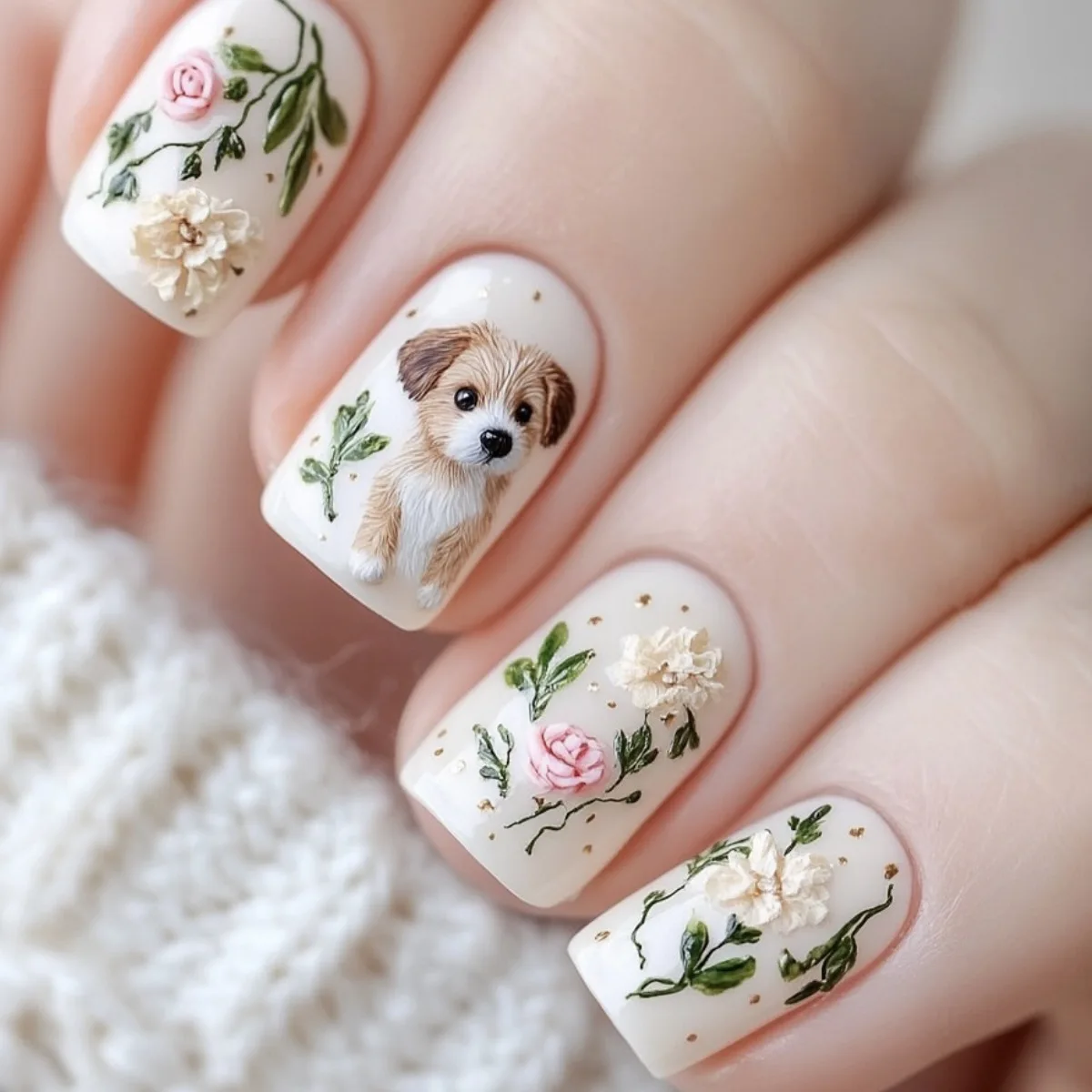 

24PCS Beige Press on Nails Short Square Fake Nails with Puppy Dog Flower Pearl Cute Pet Themed Nail Art for Women Daily Design