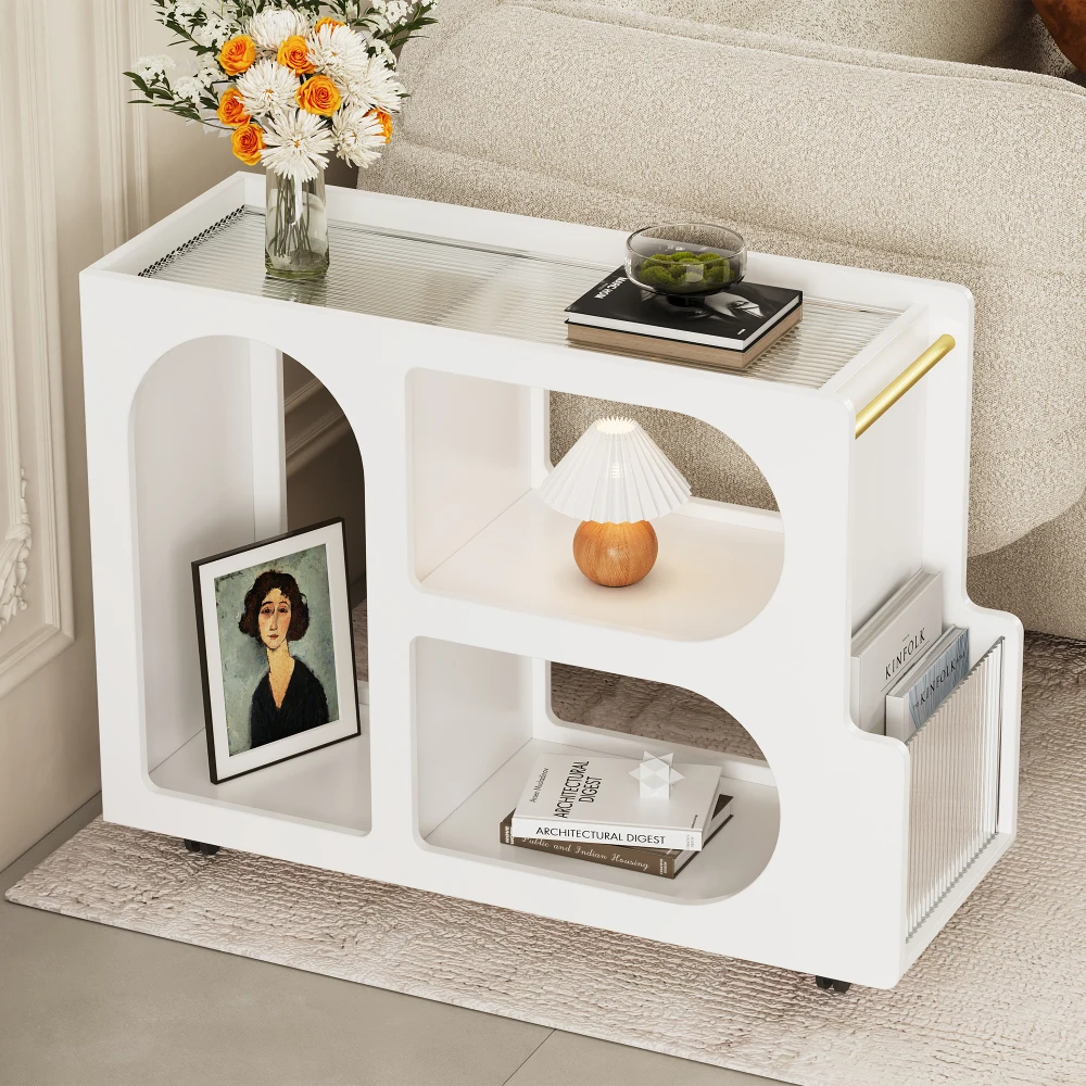 

ON-TREND Mobile End Table withLockable Wheels,5mm Thick Fluted Tempered Glass,Nightstand with Golden Round Rod,Living Room,White