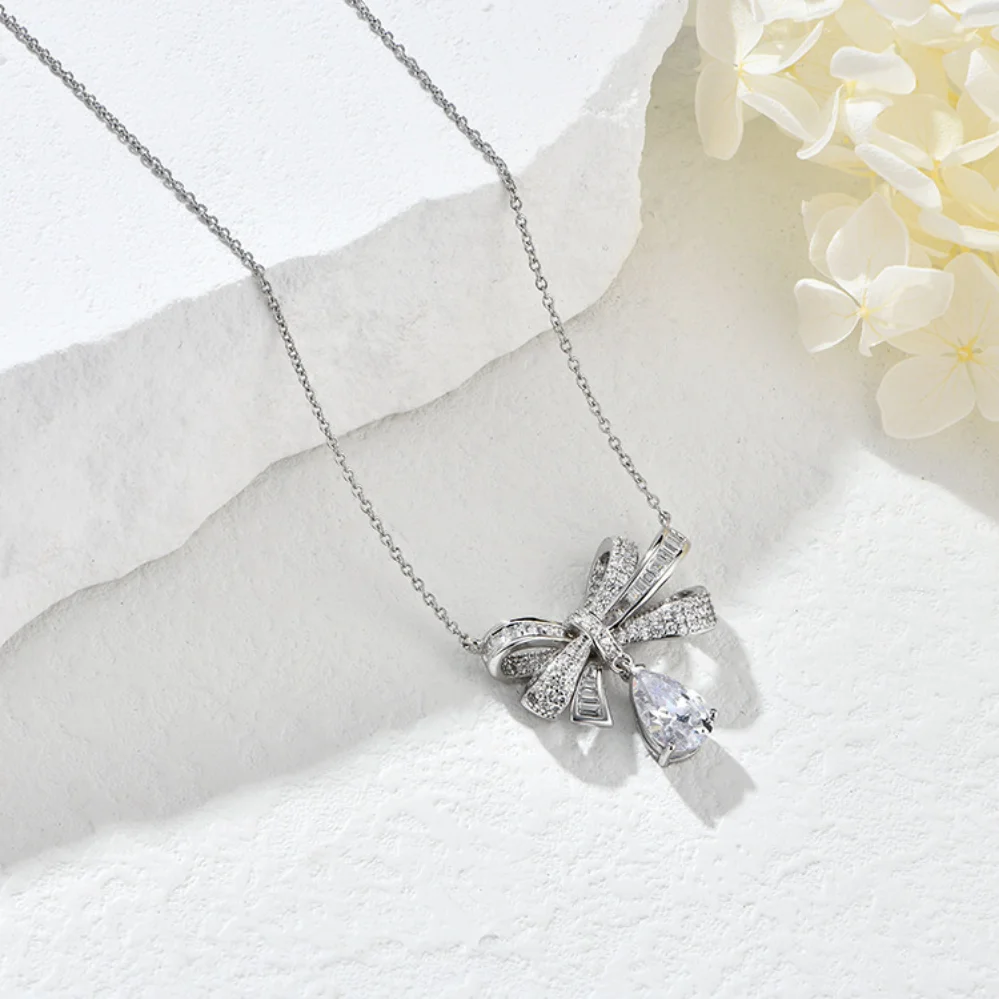 Sweet Romantic Bow Necklace Women's Water Drop Gorgeous Wedding Accessories S925 Sterling Silver Anti Allergy Exquisite Gift New