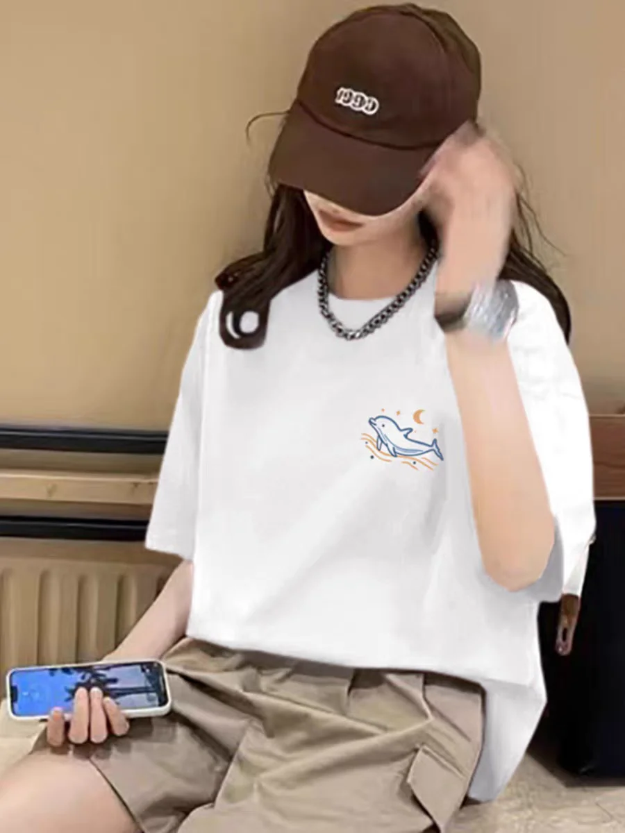 

2025 summer explosions cotton short-sleeved T-shirt T-neck loose casual fashion comfortable cute little dolphin print women's cl