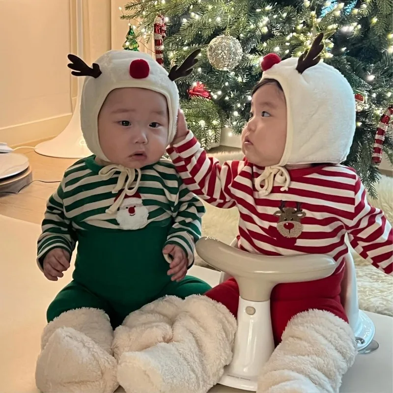 2024 Christmas Infant Baby Set Korean Children\'s Long Sleeve Two piece Set  Red Green Toddler  Baby Striped Top Festival Suit