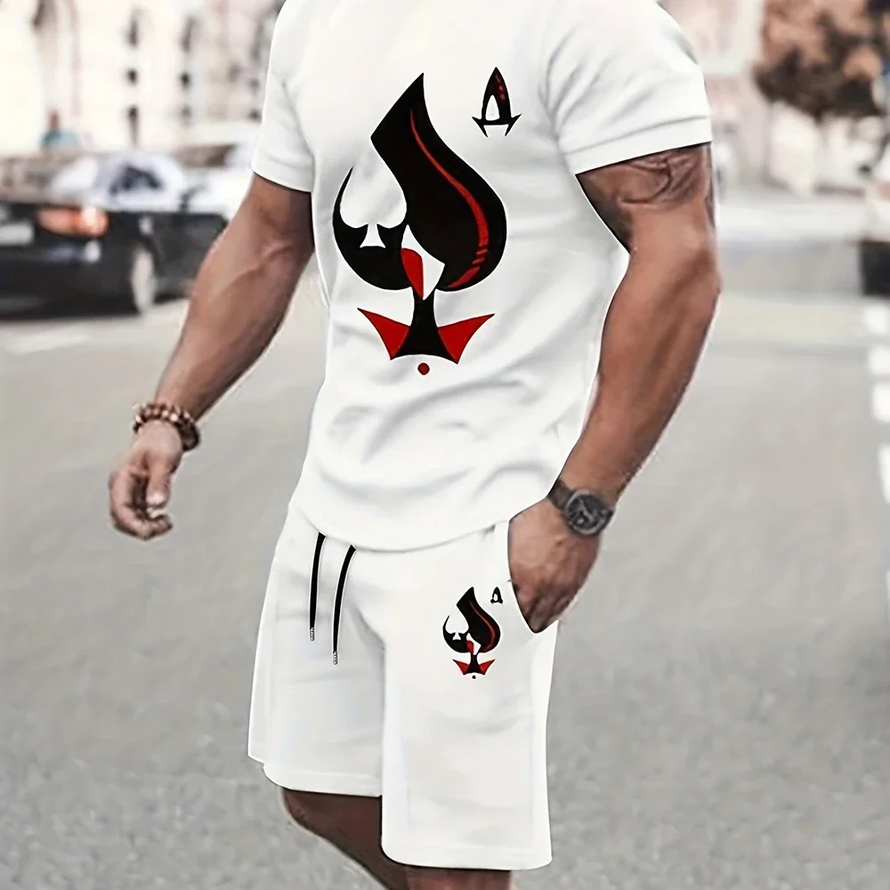 2025 New Men's Summer Leisure Sports Running Set Refreshing Top Style 3D Poker Pattern Fashion Set