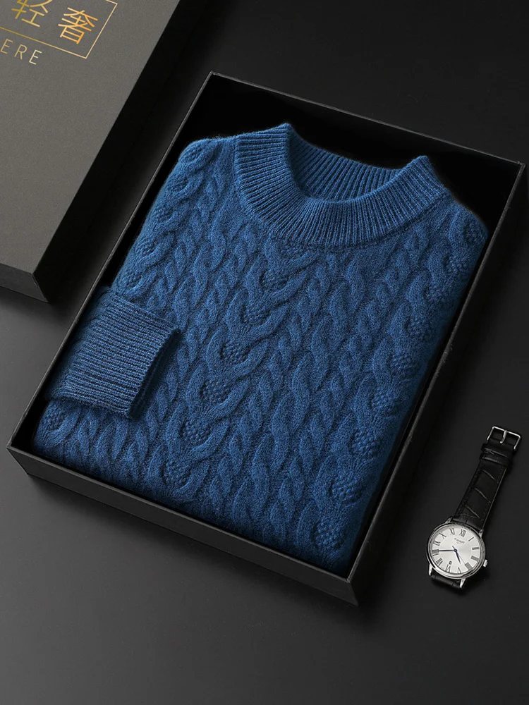 

O-Neck Cable Stitch Thick Pullover Men's Autumn Winter 100% Merino Wool Knitwear Casual Clothing Comfortable Soft Warm Sweater