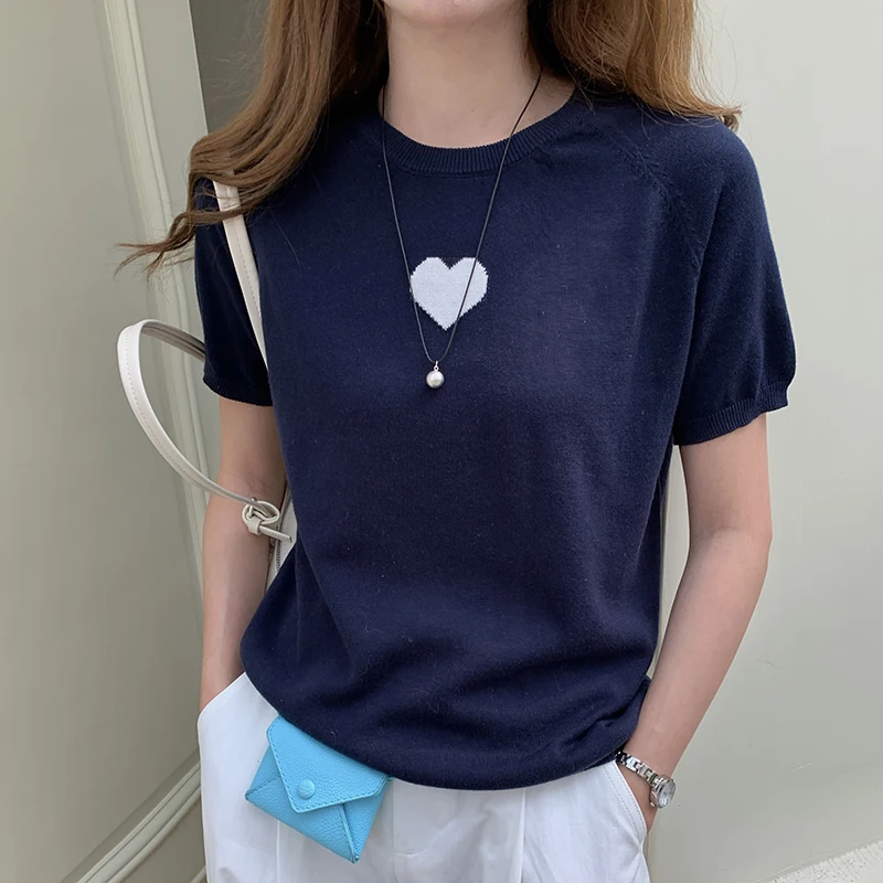 

Spring and summer new women's short sleeved 100% cotton knitted T-shirt women's O-neck pullover knitted sweater