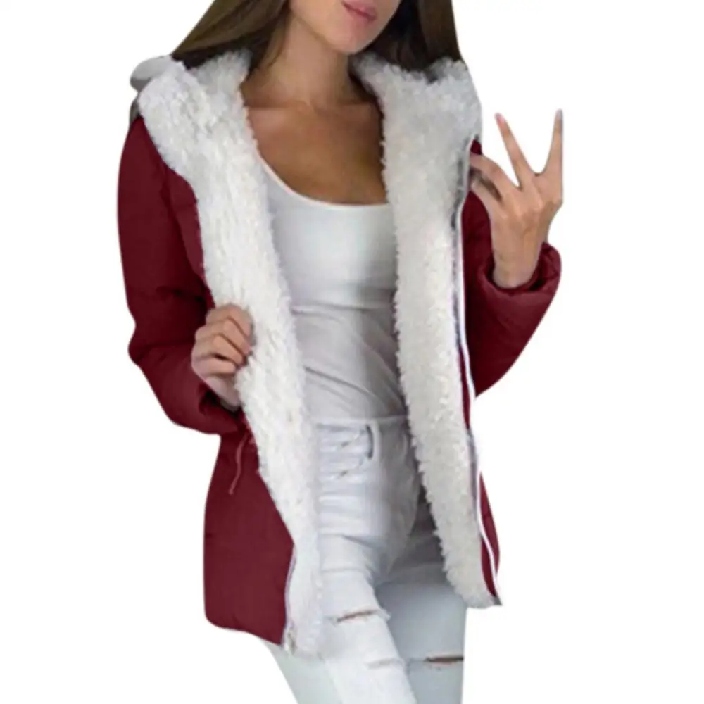 Autumn Winter Women Cotton Jacket Solid Color Zipper Hooded Coat Casual Long Sleeve Coat Hooded Parkas Thickened Warm Overcoat