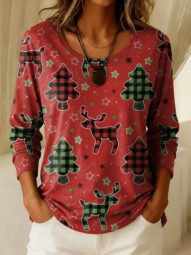 

Женская базовая футболка с длинными рукавами, круглым вырезом, принтом «Рождественская елка», однотонная, повседневный пуловер, универсальная праздничная футболка.