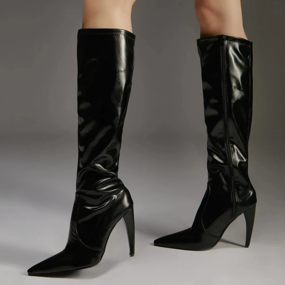 

jialuowei Knee-high Boots 10CM Super High Heel Pointed-toe Zip Slim Solid PU Leather Boots Custom Made