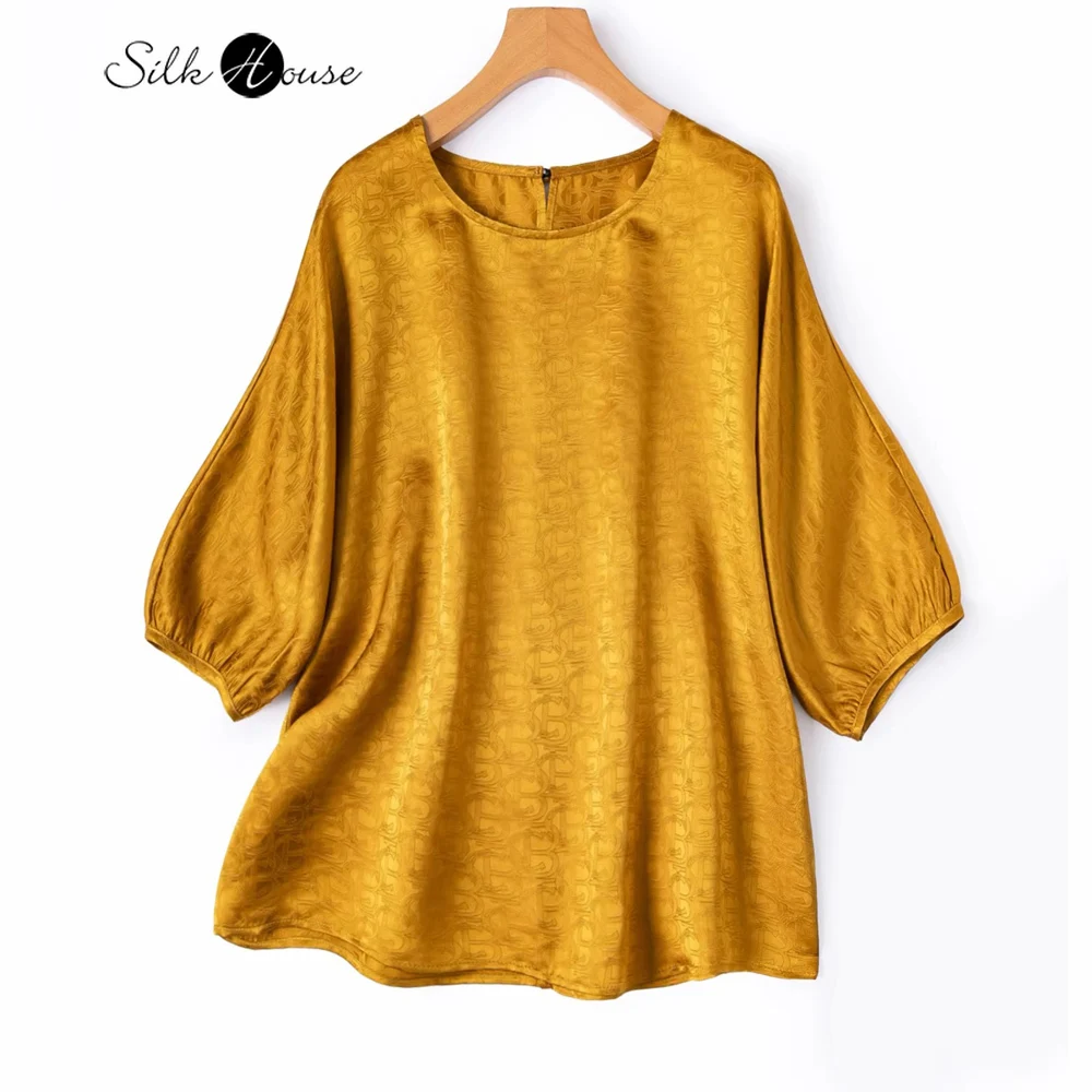 

Premium Gold Gloss 20MM 100% Natural Mulberry Silk Jacquard Satin Round Neck Batwing Sleeve Loose Women's Fashion T-shirt