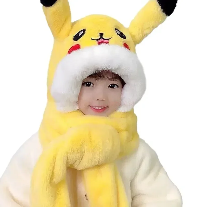 Kawaii Pokemon Pikachu pluszowa czapka Anime Cosplay kapelusze ciepłe szalik śliczne ruchome uszy rękawiczki szaliki czapki w jednym prezenty