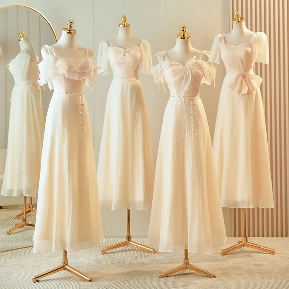 Elegant 4 Styles Champagne Bridesmaid Dress Women 2024 New Square Collar Ruffles Tulle Bow Pearls Belt Prom Gown Lace Up Vestido