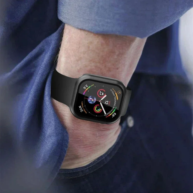 Szkło hartowane + pokrowiec na Apple Watch 9 8 7 44mm 40mm 42mm 38mm 41mm 45mm plastikowy Bumper etui ochronne na ekran iWatch seria 6 5 4 se2