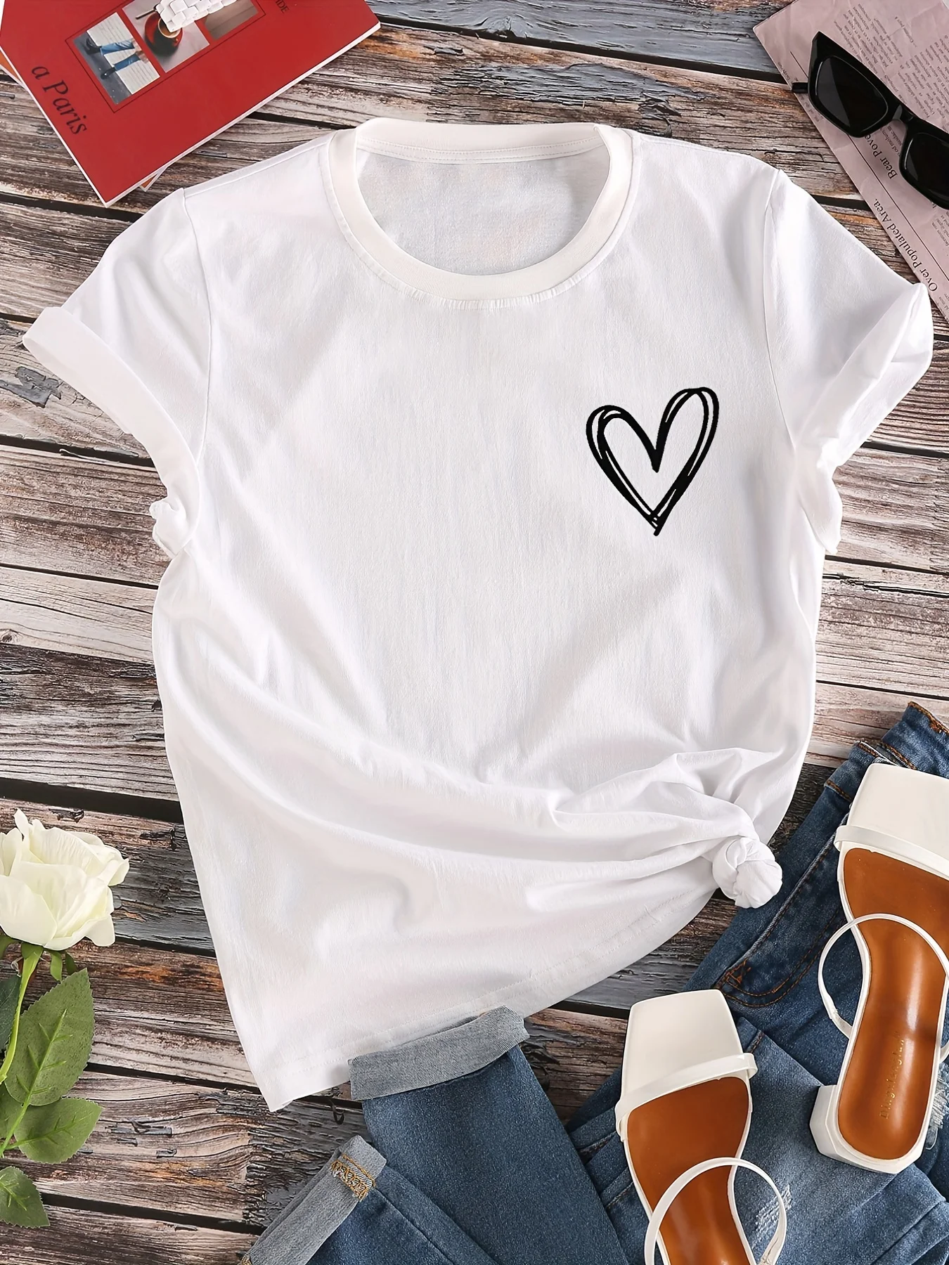 Heart Print T-Shirt, Crew Neck Short Sleeve T-Shirt, Casual Every Day Tops, Women\'s Clothing