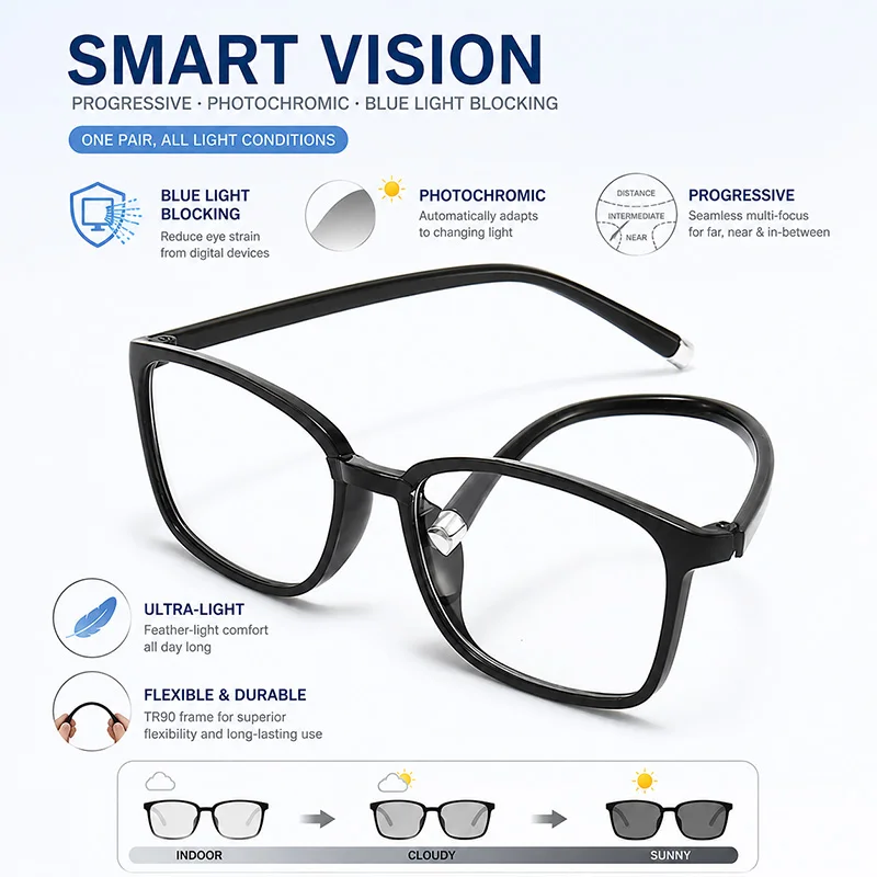 Ultraleichte TR90 Quadratische Fassung Photochrome Multifokale Lesebrille Nah-Fern Dual-Purpose Progressive Anti-Blaulicht-Brille