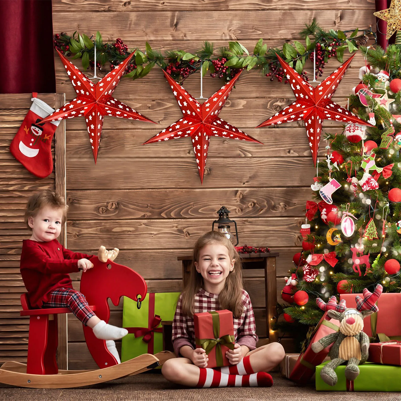 

5pcs 45Cm Red Shiny Star Lamp Shade For Ceiling Hanging Decorative Light Cover Party Wedding Home Bedroom Paper Lamp Shade Star