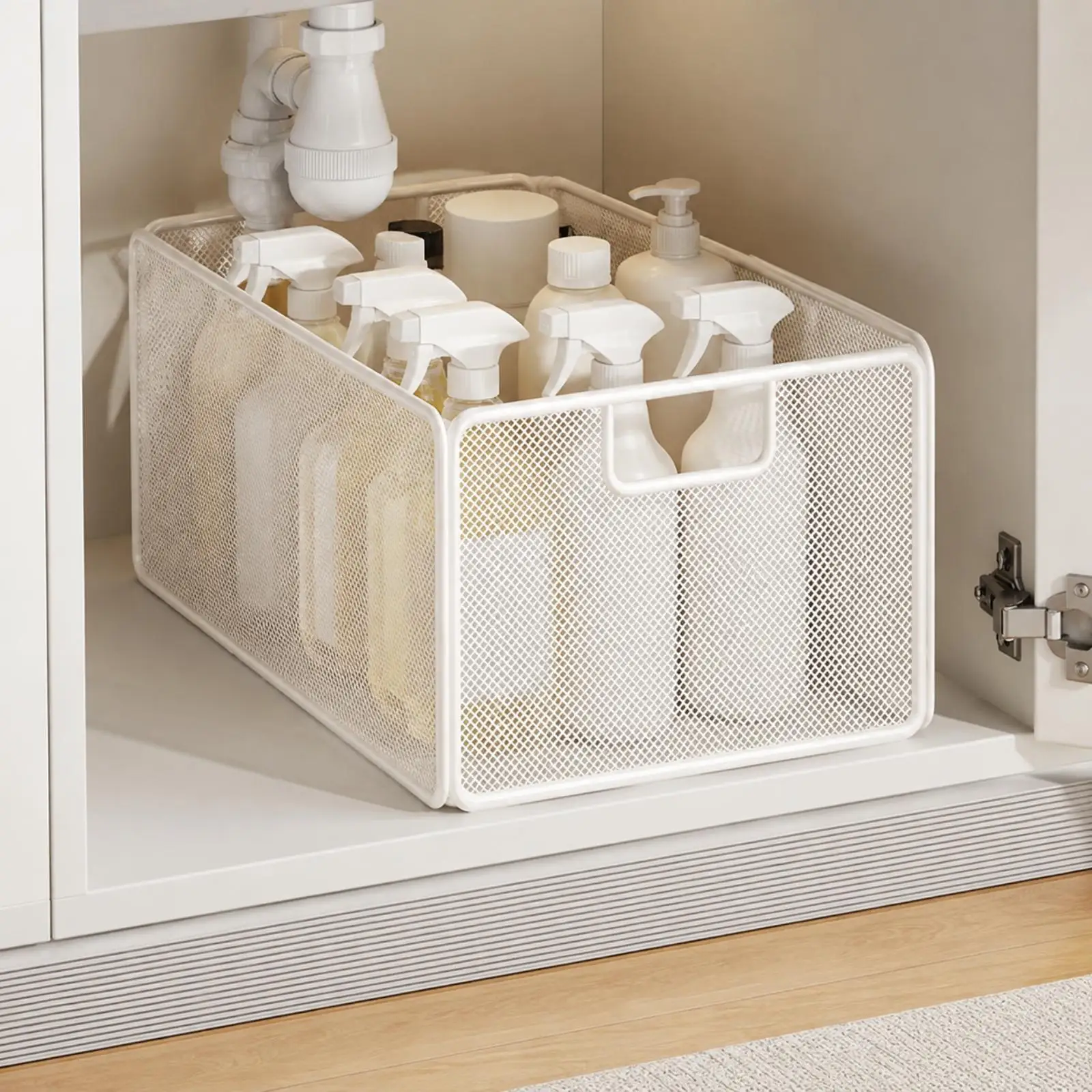 Open Top Under Sink Basket with Handle Ventilated Mesh Sink Organizer Tray for Household Items Kitchen Bathroom Cabinet Space