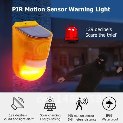 Alarm Light Solar Security Rechargeable LED For Home Emergency With Motion Sensor PIR Warning Light 129 Decibels Alert