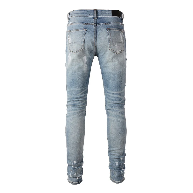 Blue High Street Holes Transparent Crystals Patchwork Stretch Slim Fit Rhinestones Patches Distressed Ripped Graffiti Jeans Men