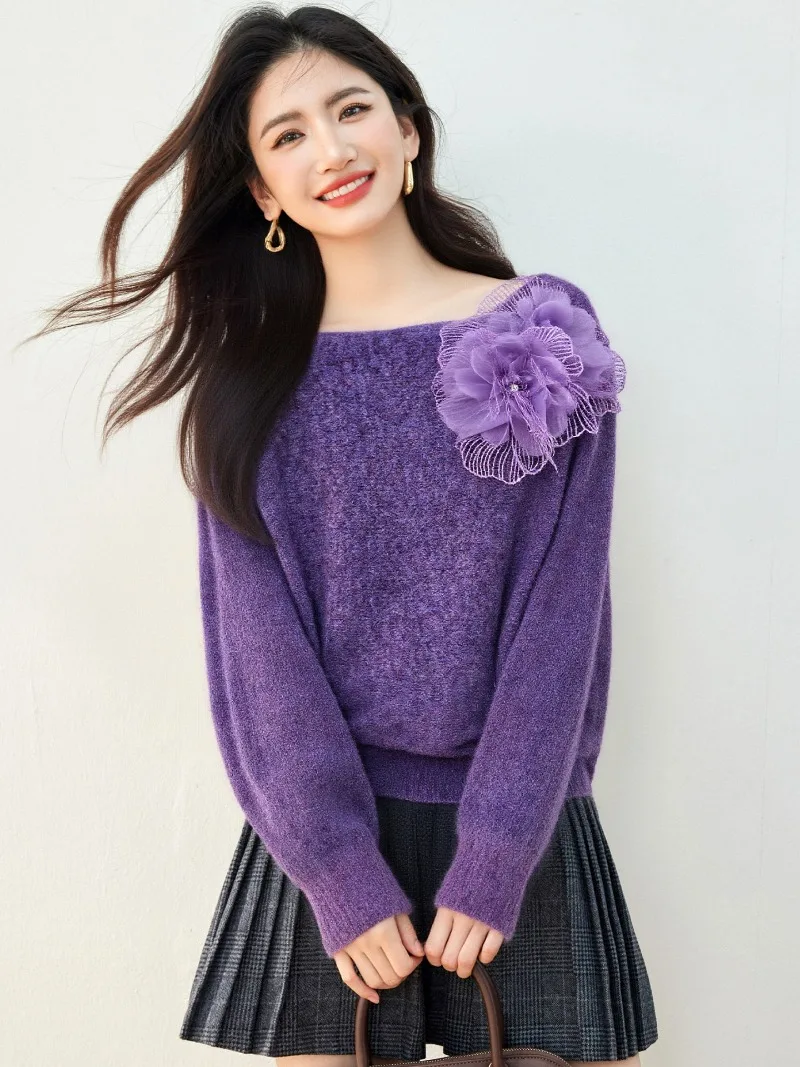

Мягкий фиолетовый вязаный пуловер, свитер, женский осенне-зимний корейский ленивый стиль, с круглым вырезом и длинным рукавом, повседневные свободные свитера, джемперы