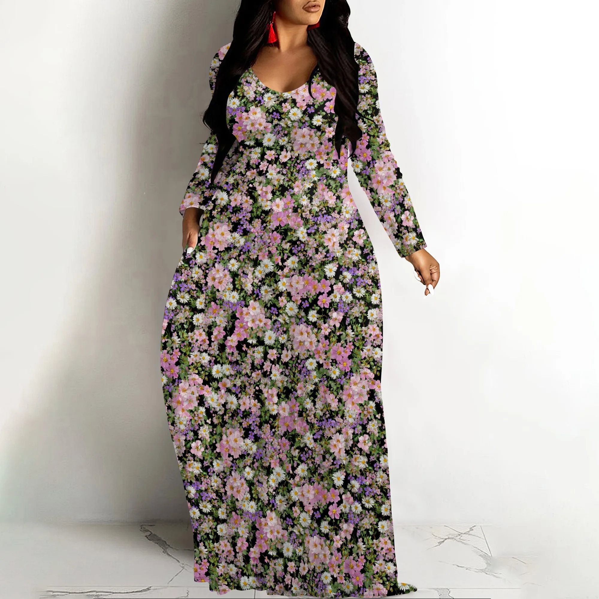 Women's V Neck Maxi Dress Ruffles Full Sleeve Floral Dresses Wedding Guest Sundress with Belt