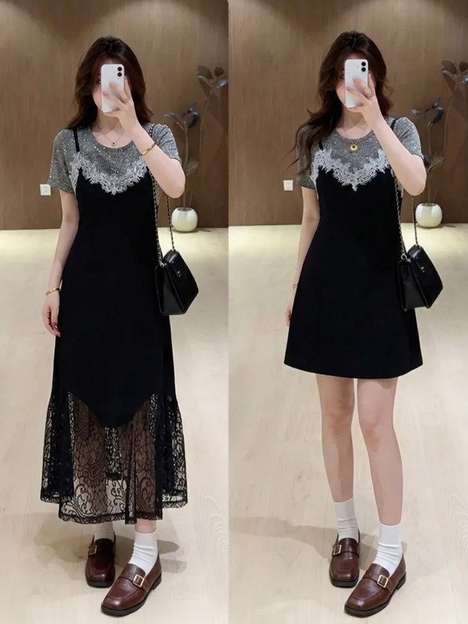 

plus Size Lace A-Line Dress Women's Summer New High Waist Splicing Dress Commute Style Short Sleeve Long Dress Korean Version