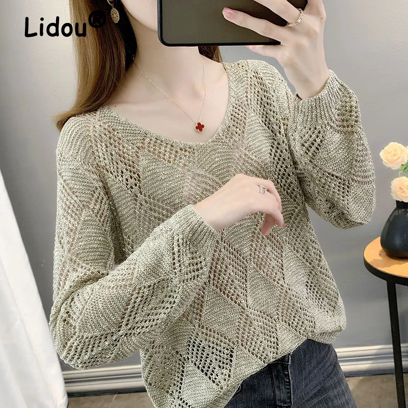 

Spring Summer 2023 New Fashion Sexy Hollow Out Bow Thin Knitwears Women Simple Casual Loose V-Neck Long Sleeve Pullover Knit Top