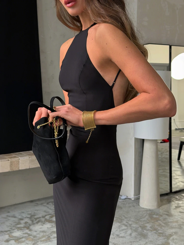 Kliou Sexy Backless Long Dress Woman o-Neck Off Shoulder Metal Ring Decoration Robe Midnight Prom Party Ruched Elegant Vestidos