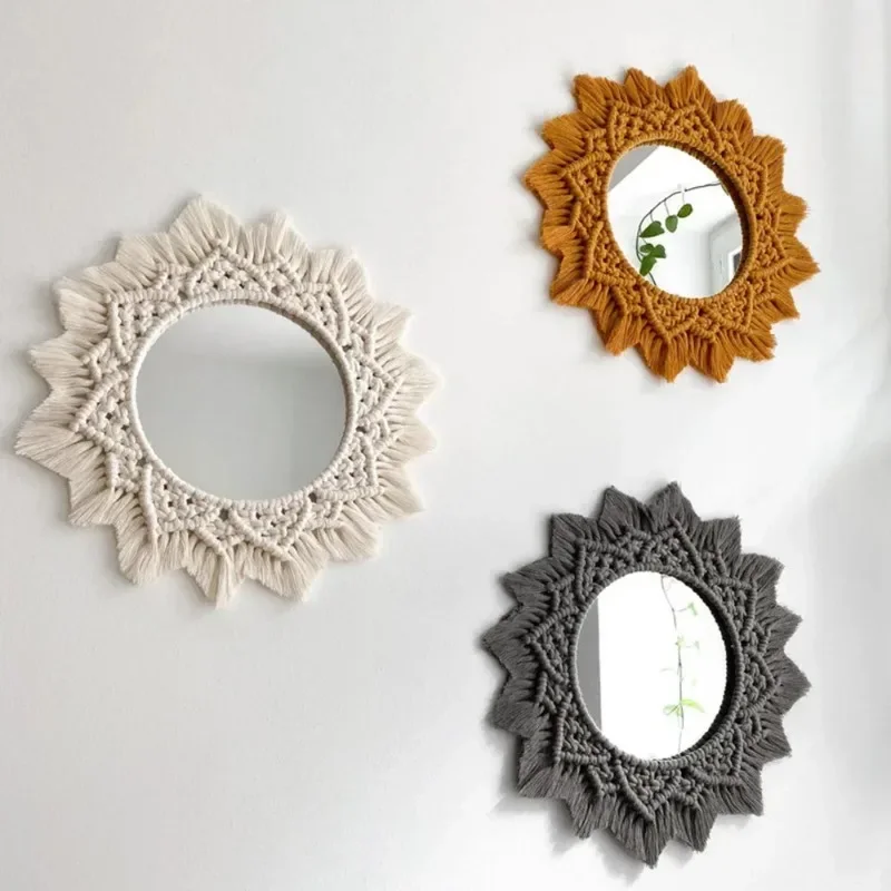 Boho Macrame Round Mirror Decorative Mirrors Aesthetic Room Decor Hanging Wall Mirror for Bedroom Living Room House Decoration