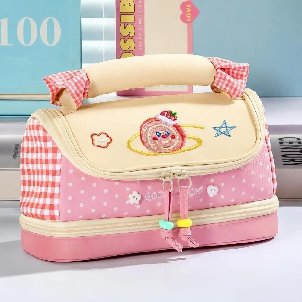 INS Dopamine Color Pencil Case Large Capacity Multi-Layer Stationery Organizer Plaid Embroidery Portable Stationery Storage Bag