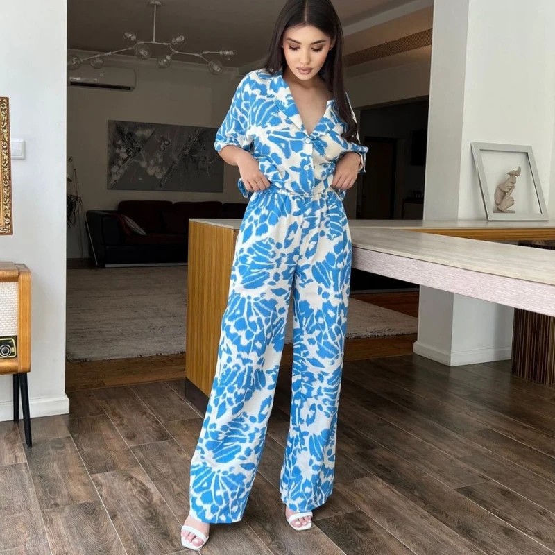 

2 Piece Women Set 2023 Autumn Short Sleeve Shirt Blouse Top And Pants Suits Outfits Fashion Office Lady Matching Sets Outfit