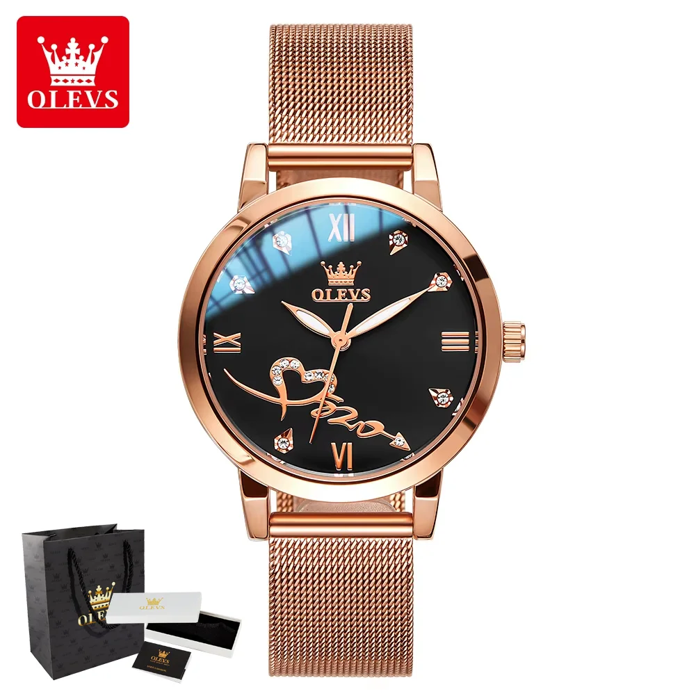 

OLEVS 5530 женские часы с подарочной коробкой, модный сетчатый стальной ремешок, элегантные водонепроницаемые светящиеся женские кварцевые часы розового золота