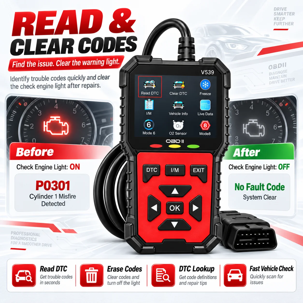 V539 Obd2 Scanner Car Diagnostic Tool Obdii Eobd Fault Code Reader Dtc Reset Live Data O2 Sensor Mode 6/8