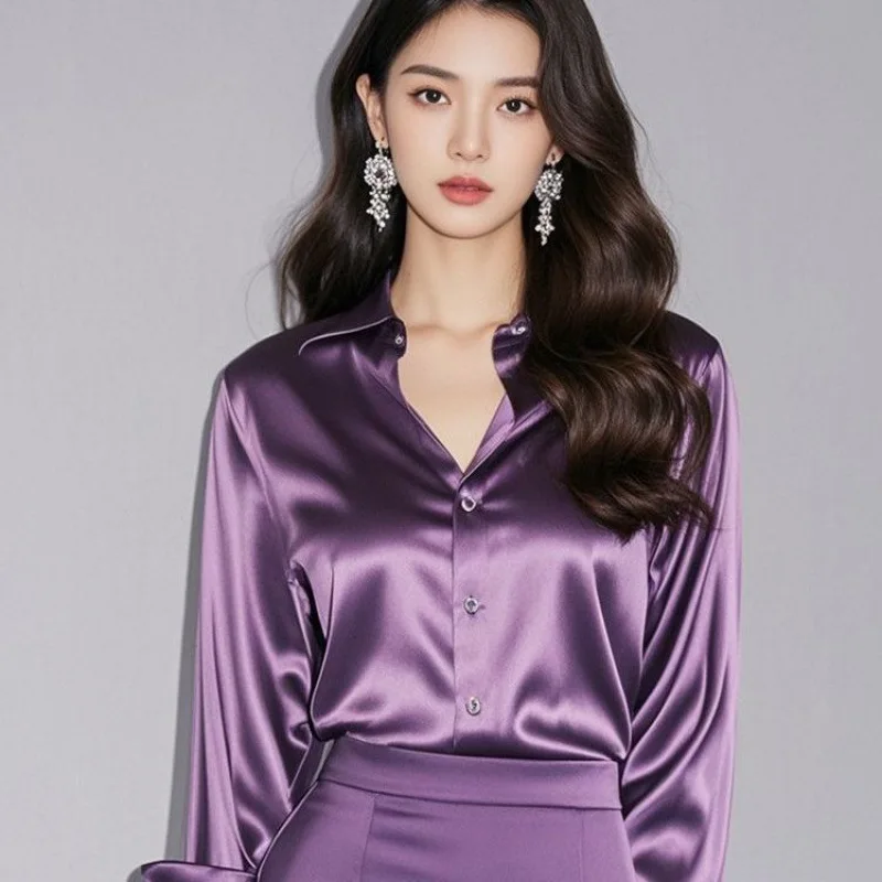 2025 Summer Women's Satin Shirts Elegant Plain Long Sleeve Blouse Office Lady Button-Up Shirt Top Female Shirts Blouse Autumn
