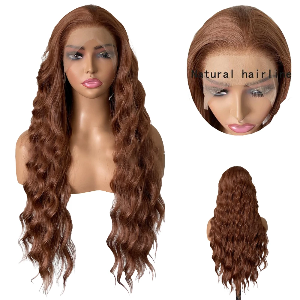 

Clearance Sale: 14-26 Inch Brown Wavy Curly 13x4 Front Lace Synthetic Hair, Suitable For Ladies' Daily Party High-End Wigs