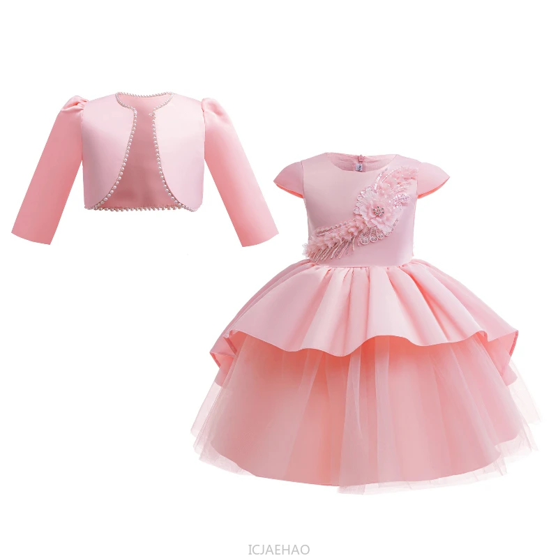 

Wed Dress 2025 Glitter Children Girls Party Dresses Sleeveless Jumper Set Costume Kids Outfit Pearl Long Sleeve Coat 2 Piece