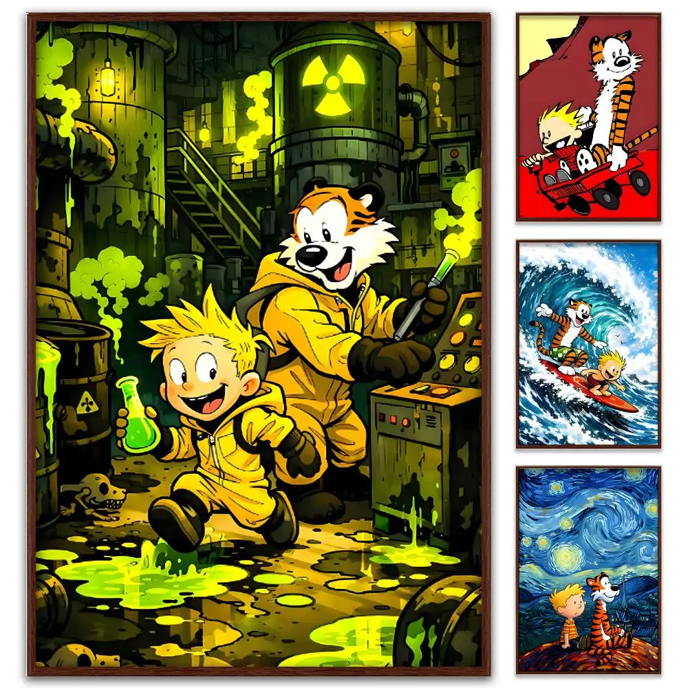 Calvin and Hobbes 80s 90s Comic Classic Poster Self-Adhesive PP Paper HD Wall Decal for Study Living Room Garage DIY Gift