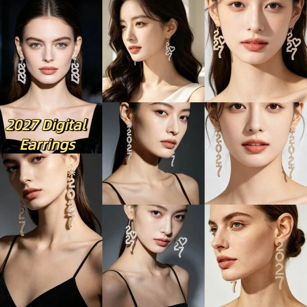 Elegant 2027 Digital Earrings Rhinestone Long Drop Happy New Year Earrings Love Heart Shiny Stud Earrings New Year Party