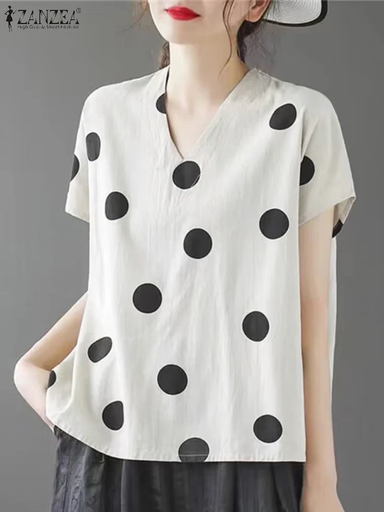 ZANZEA Korean Women Polka Dot Blouse Summer Loose V-Neck Short Sleeve Tops Shirt 2024 Fashion Casual Tunic Daily Simple Bluasa