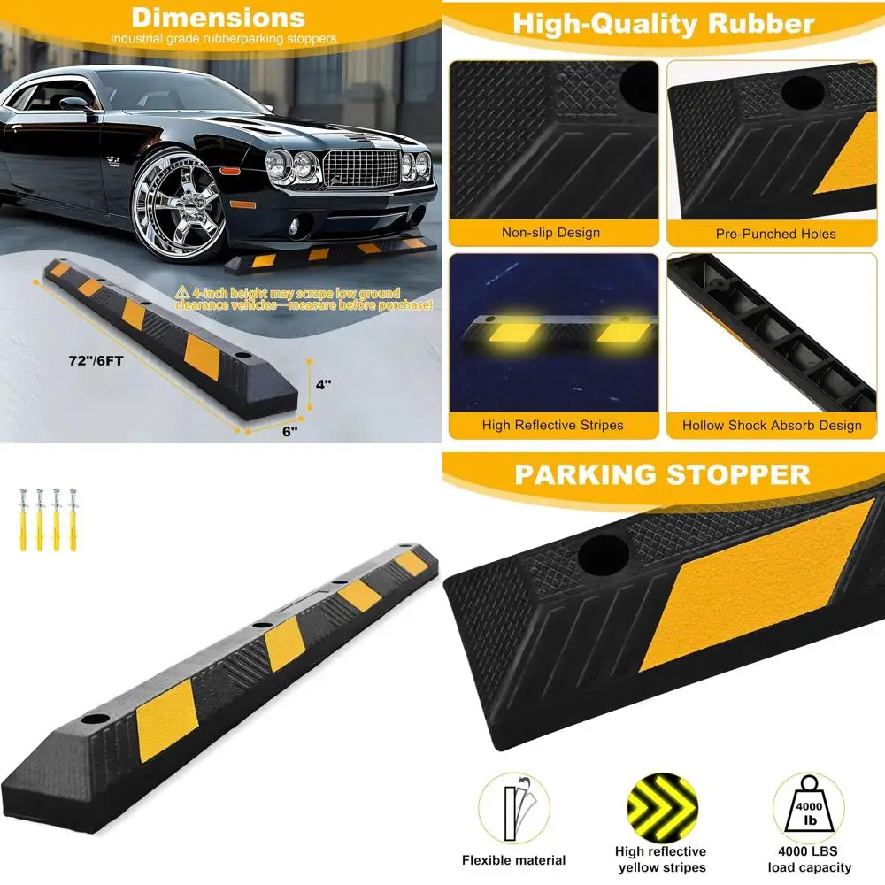 

6-Foot Heavy-Duty Rubber Wheel Stopper with Reflective Stripe, UV-Resistant for Driveway Safety