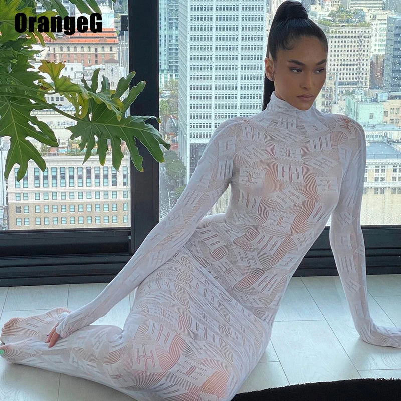 Orange transparente Brief druck Bleistift kleid lange Frauen Rundhals ausschnitt Bodycon dehnbar schiere 2024 heiße Outfit Clubwear weiß