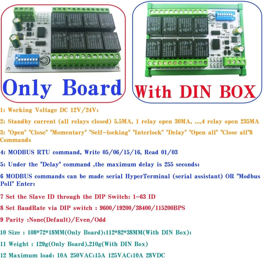 

8CH DIP Switch Set Parameters RS485 Relay Board Modbus RTU PLC Remote IO Module RYR408B C35 DIN BOX