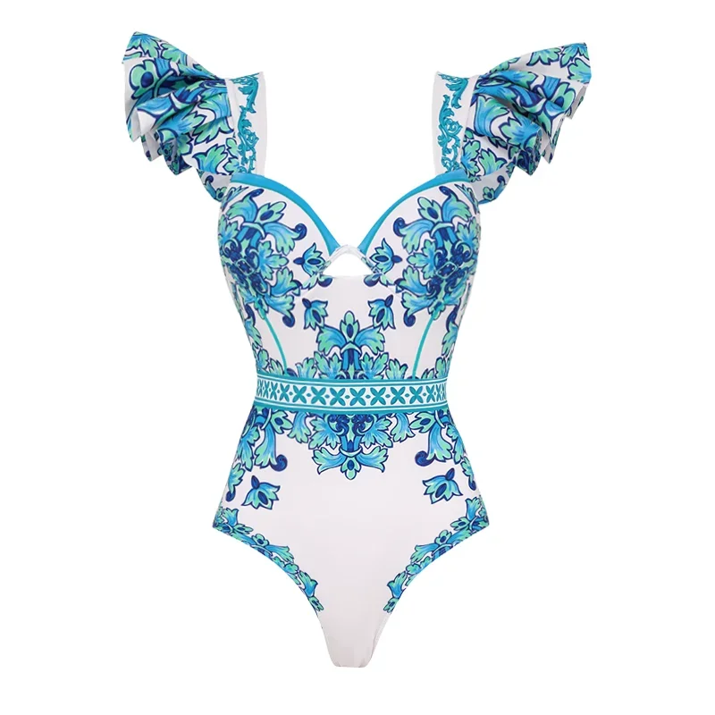 Ruffle Majolica Print One Piece Swimsuit and Sarong or Pants Women Vacation Beachwear Luxury Bathing Suit