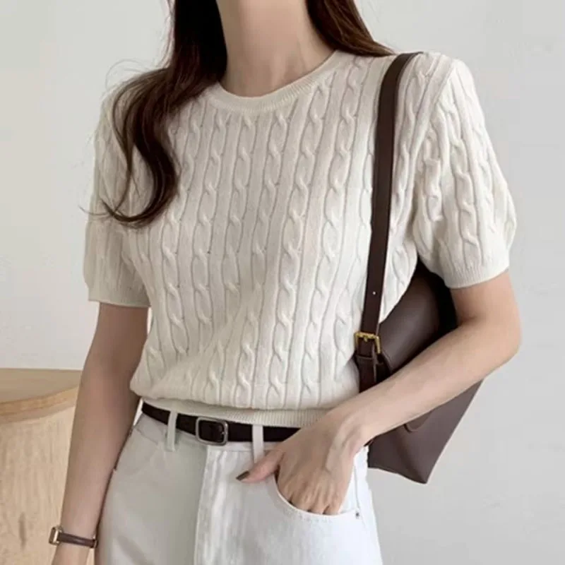 Sueter Feminino Knitted Sweater Women Pullovers Summer New Short Sleeve Knit Sweater Pullover Women Tops Black O-Neck 2026 Q5629