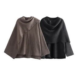 Women's Fashion Fall Winter Chic Scarf Jacket Long Sleeve Knitted Asymmetric Jacket Sexy Split Hem Loose Short Jacket