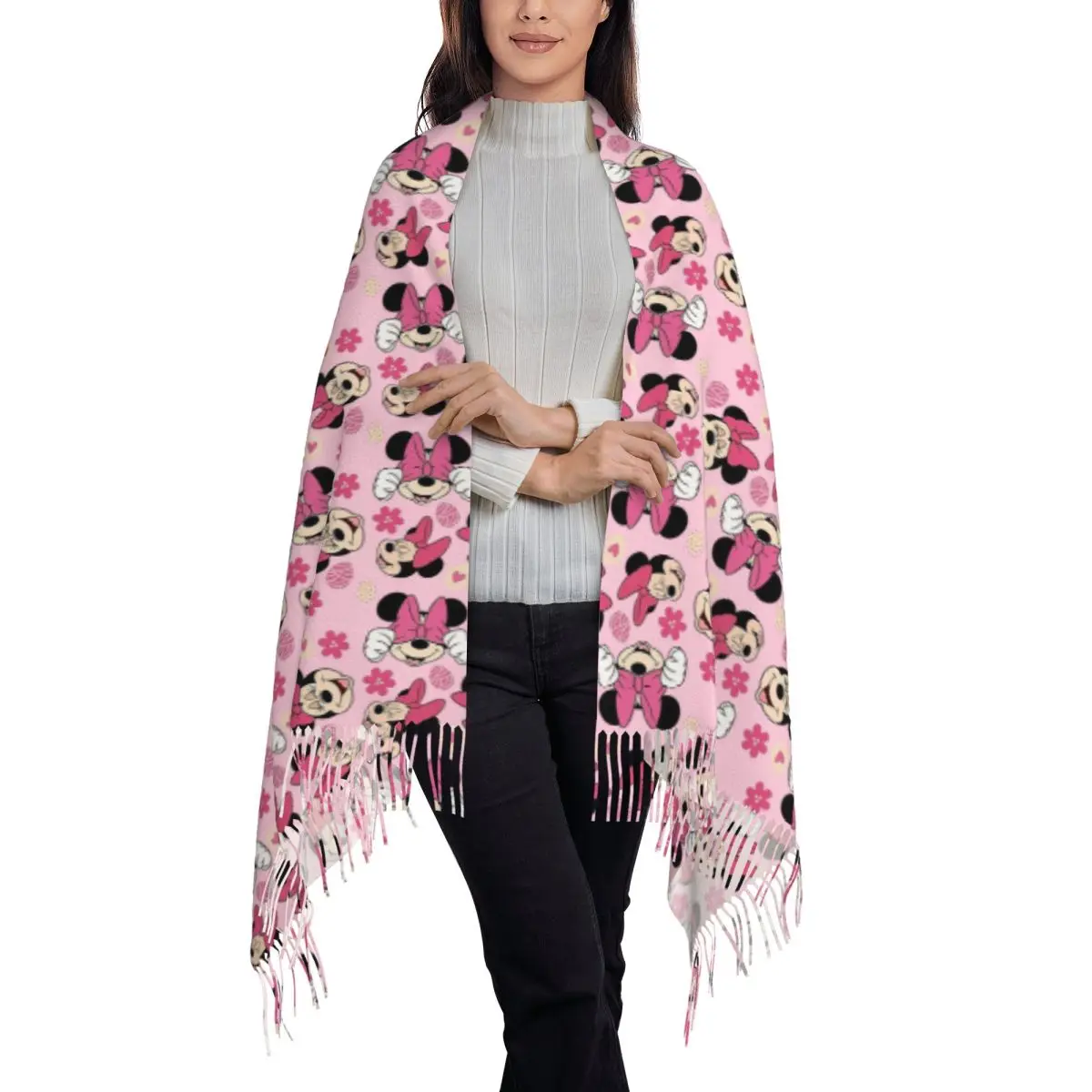 Custom Mickey Mouse Minnie Sjaal Wrap Vrouwen Lange Winter Herfst Warm Kwast Sjaal Unisex Sjaals