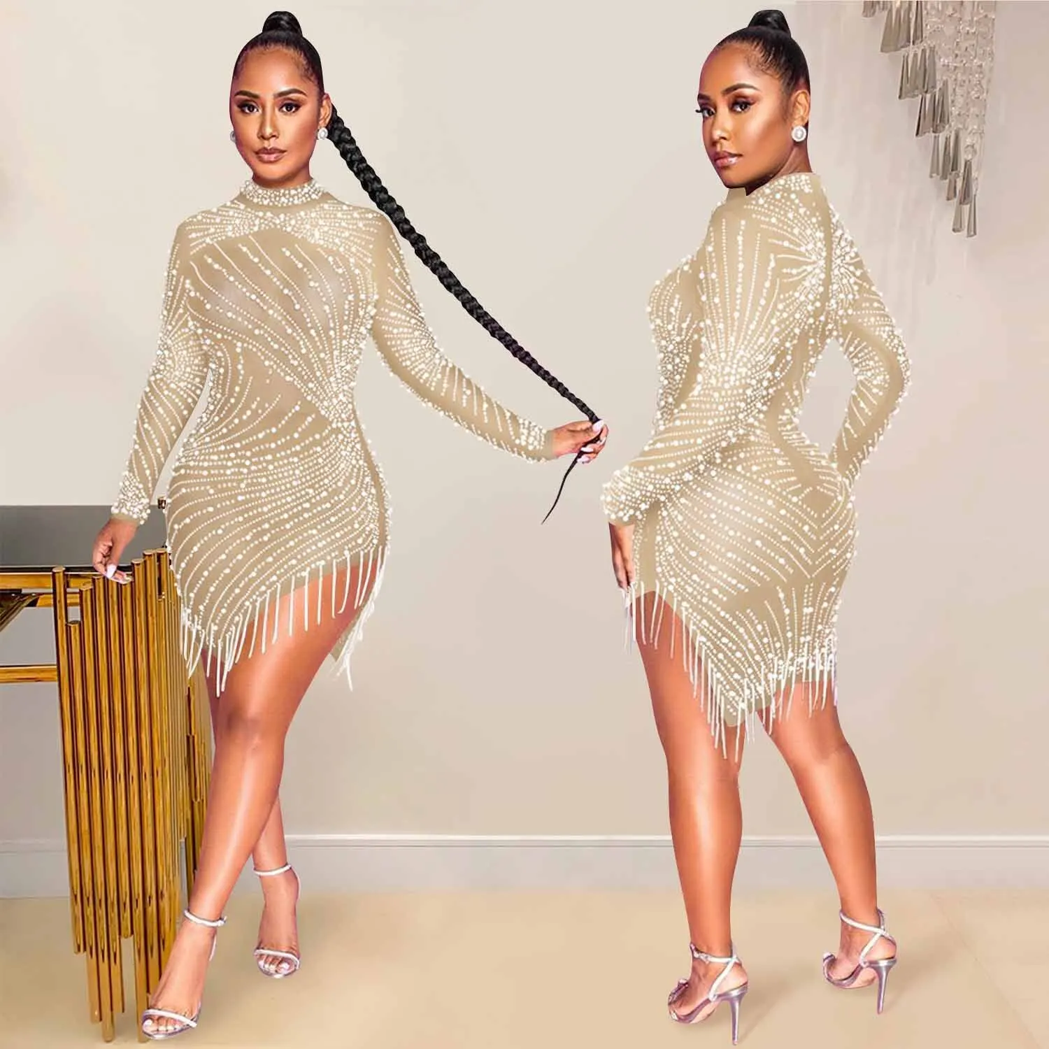 

X5216 New Sexy Nightclub Mesh Perspective Hot Diamond Bubble Bead Tassel Round Neck Long Sleeved Dress