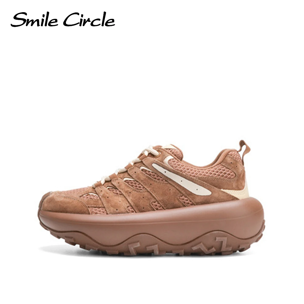 Smile Circle Sneakers Women Suede Leather Solid Color Chunky Sneakers Fashion Lace up Casual Shoes