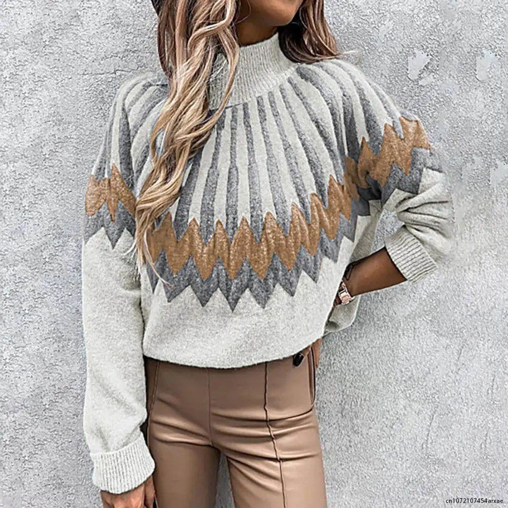 Winter Sweater Lady Loose Sweater Women Half Turtleneck Popular Rhombus Pattern Half Turtleneck Sweater