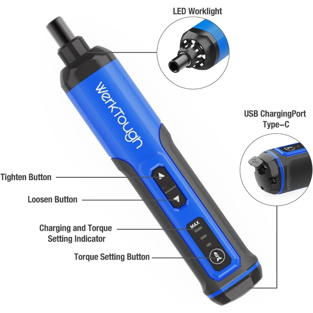 Werktough 4V Mini Electric Cordless Screwdriver with 3-Gear Torque 5Nm Power 25pc Screwdriver Bits S2 LED Light USB Charging Hom